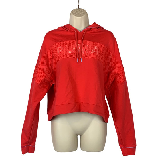 Puma Womens Cropped Hoodie Sweatshirt Pink Long Sleeve Drawstring Pullover XL - Picture 1 of 8